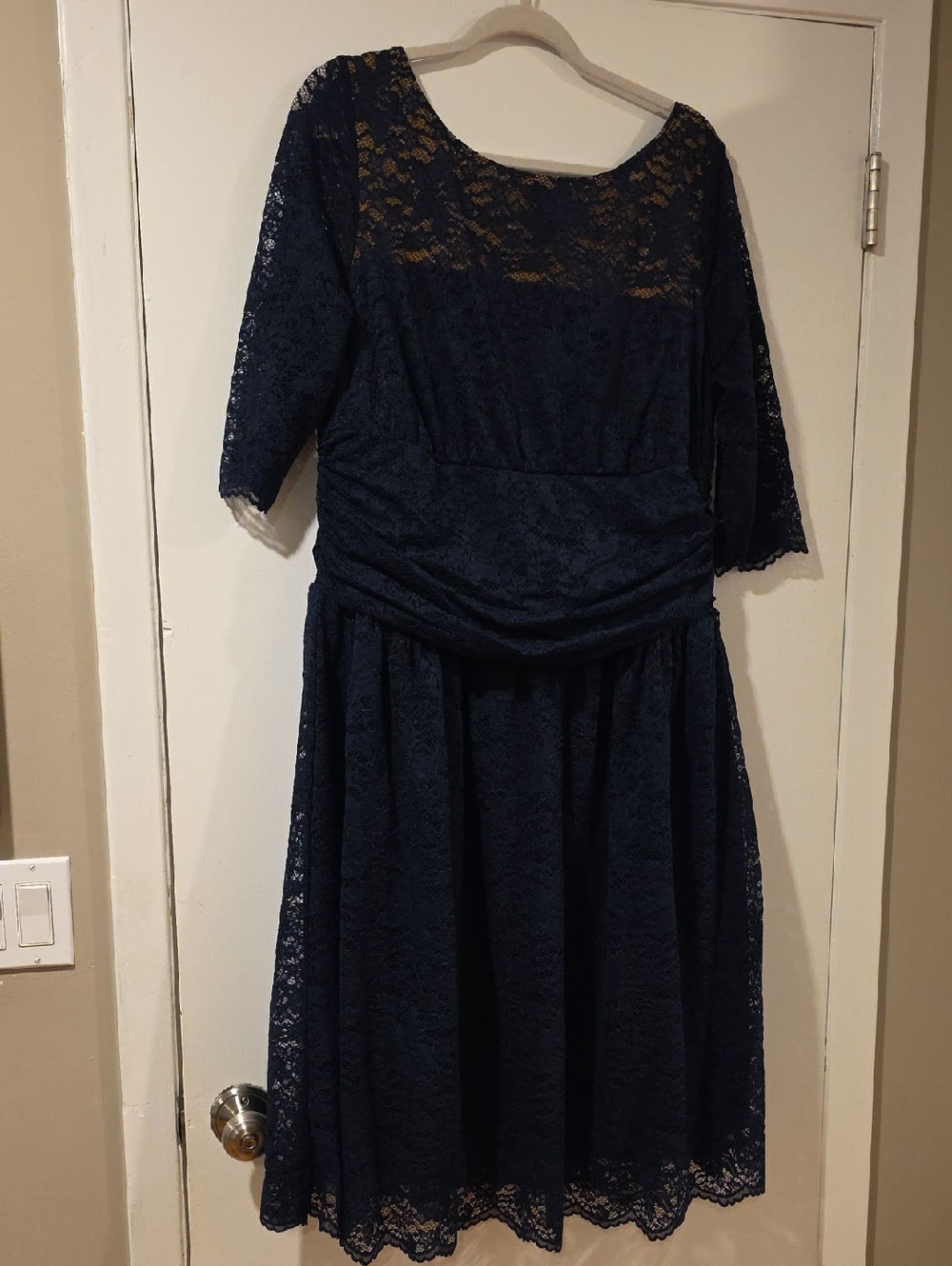 Kiyonna Navy Lace Midi Dress with Three-Quarter Sleeves